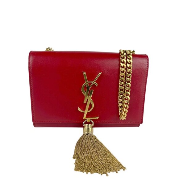 Auth SAINT LAURENT Chian Shoulder Bag Red/Gold Leather/Metal - Picture 1 of 13